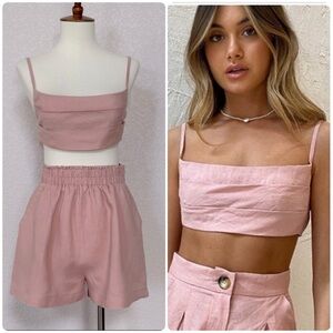 NWOT Rumer blush pink linen Lou Lou crop top with tie back & gathered short set.